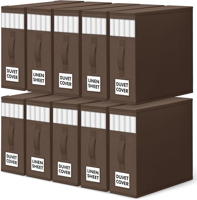 WOWBOX Sheet Organizers and Storage,Closet Bed Sheet Organizer Under Bed Storage and Organization with Label Cards & Clear Window for Bedding Sheets,Duvet Covers,Blankets (10 Pack，Brown)