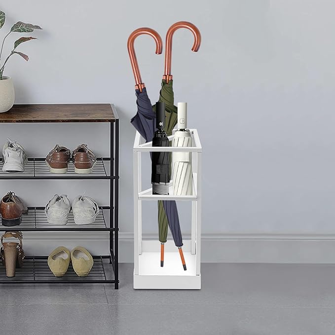 Umbrella Stand, 2-Tier Umbrella Holder with Drip Tray for Entryway, Freestanding Umbrella Rack Organizer for Walking Sticks & Canes, White Iron Modern Design for Home Office Hallway