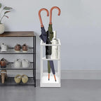DouSeiAi 20 Inch Geometric Umbrella Stand, Metal Freestanding Umbrella Rack with Shelf, Entryway Organizer with Bottom Drip Tray for Drip Dry, Holds Umbrellas, Canes, Walking Sticks (White)