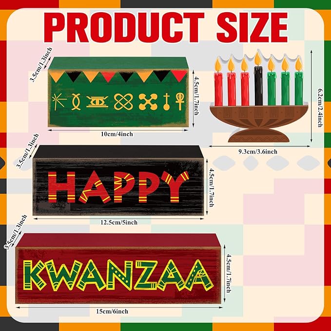 Yuntau 4 Pcs Happy Kwanzaa Table Decorations Kwanzaa Tiered Tray Decor Rustic African Candlestick Wood Block Tabletop Sign Gift Centerpiece Farmhouse Table Decor for Home Office Party Supplies