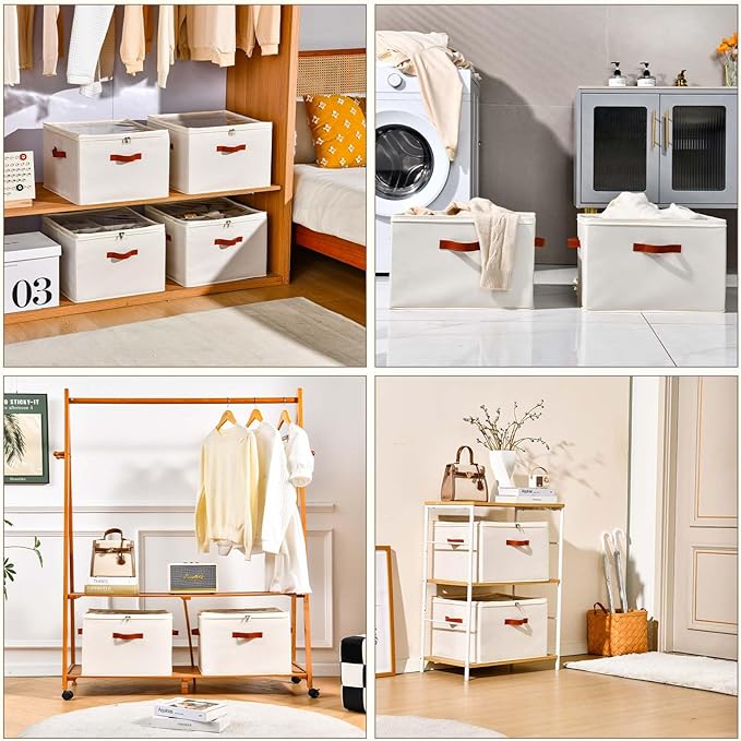 Shoe Organizer for Closet, 2 Pack Foldable Shoe Storage Containers, Fits up to 16-32 Pairs, Adjustable Dividers for Shoe Organizer, Fabric Shoe Storage Bins with Clear Cover, Beige