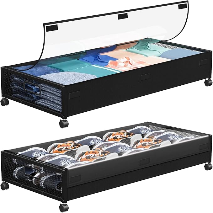 Under Bed Storage with Wheels,2 Pack Under Bed Storage Containers with Clear Lids,Under the bed storage Organizer Bins, Large Rolling Under Bed Metal Drawer for Clothes,Shoes,Blankets
