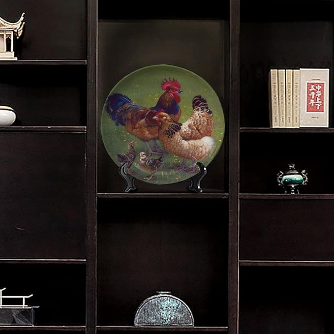 Rooster Decorative Ceramic Plates, 10 Inch, Rooster Chicks Hang Out on The Lawn Round Display Plate, Home Wobble-Plate with Display Stand, for Wall Hanging Living Room Bathroom Decor Gift