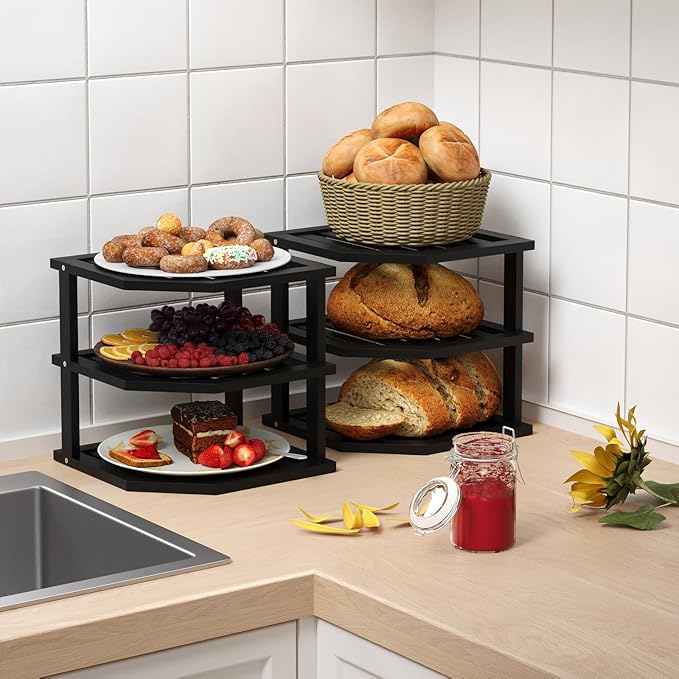 VERTORGAN 3 Tier Bamboo Corner Shelf(4 Pack),Dish Drying Rack,Plate Organizer,Kitchen Spice Rack for Countertop and Cabinet(Black)