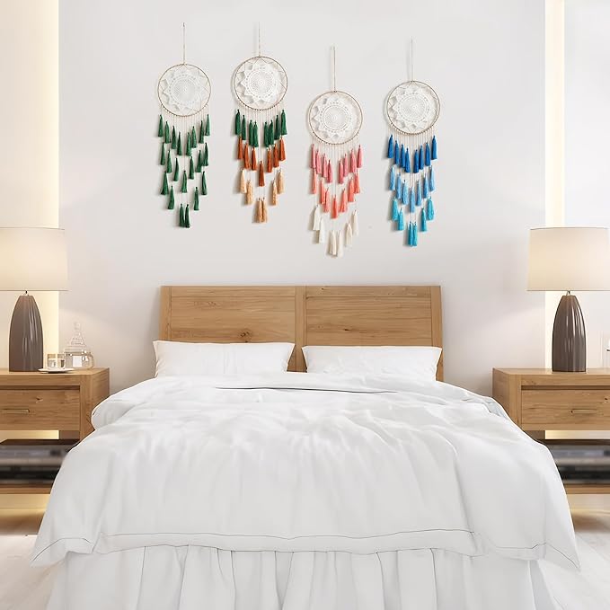 Artilady Macrame Dream Catchers for Bedroom - Tassel Wall Hanging Handmade Dreamcatchers Home Decor with Tassel Feather Ornament Craft Blessing Gift (Green Mix)
