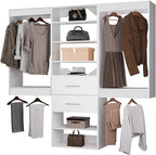 ROOMTEC Modular Closet System, 84" Wall Mounted Closet Organizer with Hanging Rods and Drawers, Wooden Tower for Walk-In Closets, Wardrobe Storage Kit, White