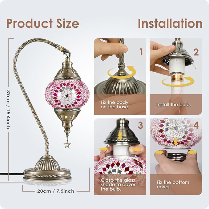 Yarra-Decor Turkish Moroccan Lamp with Bronze Base 3 Color Options Handmade Swan Neck Tiffany Mosaic Glass Bedside Lamps for Bedroom (LED Bulb Included) (3)