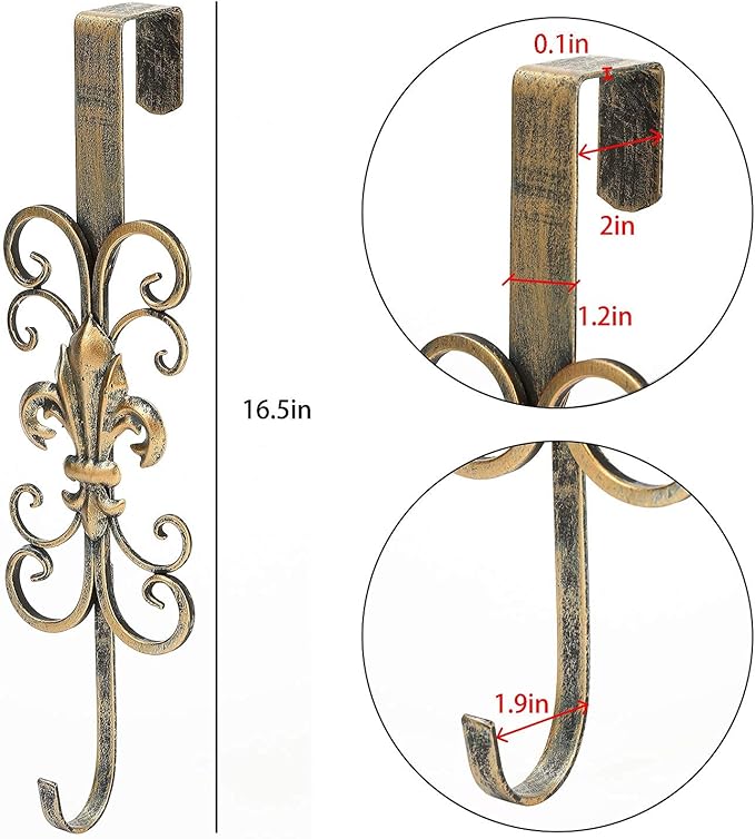 Jemeni 2 Pack 16" Wreath Hanger for Front Door, Metal Over The Door Wreath Hanger, Fleur Dis Lis Wreath Door Hanger, Door Hanger for Wreath with Scroll Design, Antique Gold