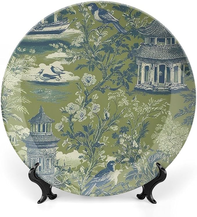 Pagoda Garden Imperial Green Plates Ceramic of 6", 7", 9", 10", Customize Asian Green Chinoiserie Ceramic Craft for Decorative Ornaments, Wall Farmhouse Decorations Wedding, Unique Art with Stand
