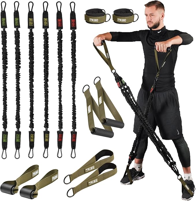 Tribe Lifting Tube Resistance Bands for Working Out Men and Women - 180lb Exercise Bands Set with Handles, Resistance Band Bar, Ankle Straps, Foot Straps, Door Anchor for Home Gym Strength Training