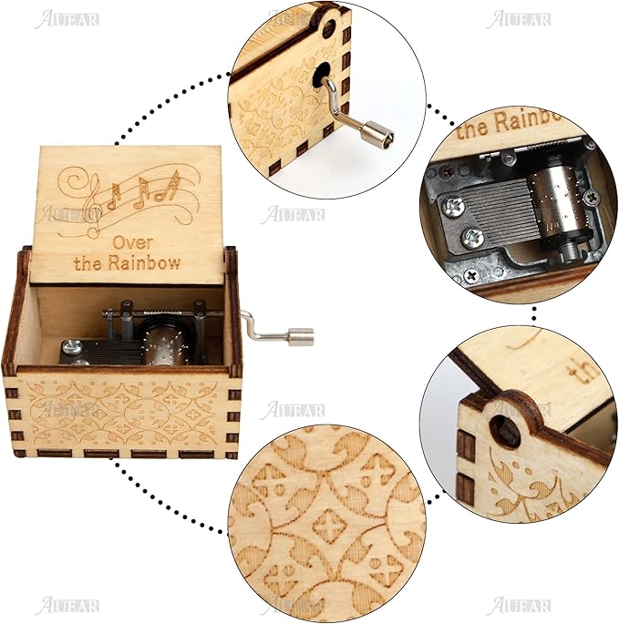 AUEAR, Over The Rainbow Wooden Music Box Hand Crank Laser Engraved Vintage Musical Small Unique Gift for Birthday Wedding Christmas Valentines Day (Style D)