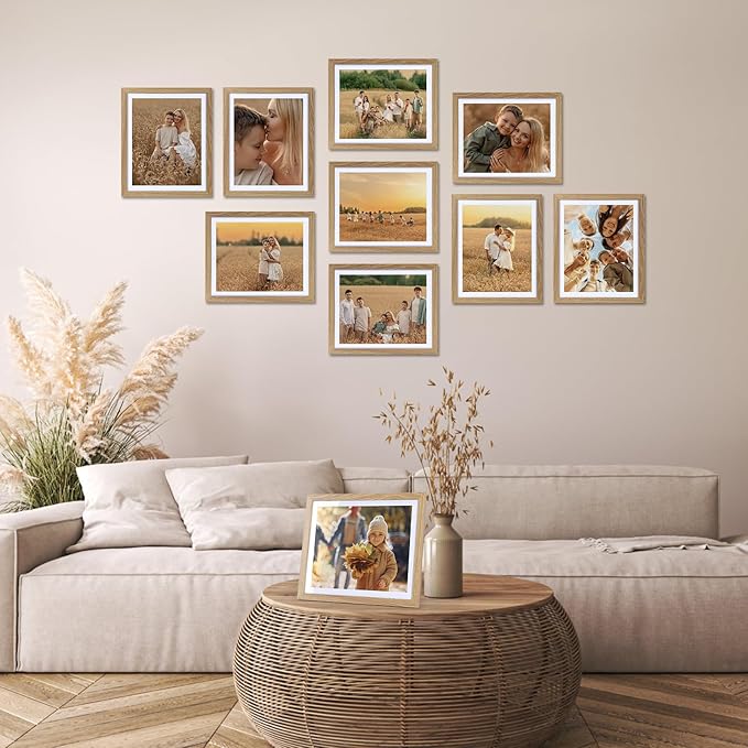 Lyeasw 8x10 Picture Frame 15 Pack, Display Pictures 8x10 with Mat or 9x11 without Mat, Natural Wood Color Bulk Photo Frames for Wall or Tabletop