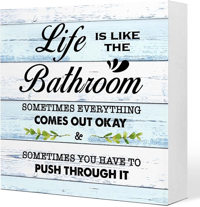 BlueL Life is Like The Bathroom Wooden Box Sign Desk Decor,Funny Bathroom Wood Block Sign for Farmhouse Toilet Shelf Decor