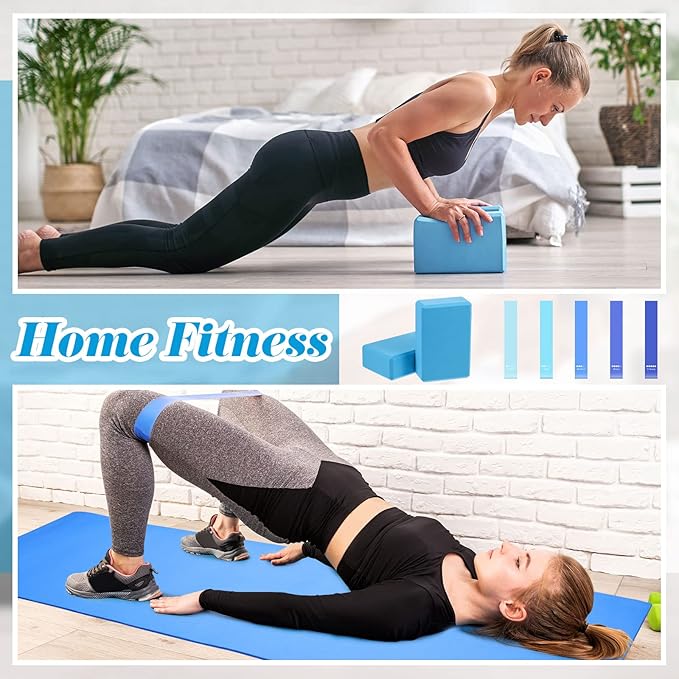 Liliful 10 Pcs Yoga Starter Kit Include 6mm Yoga Mat with Carry Strap, 2 Blocks, 65cm Pilates Ball, Stretch Strap, 5 Resistance Bands with Air Pump Home Workout Set for Beginners Women Men Gym