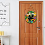 Welcome Spring Summer Black Cat Sign for Front Door Decor Spring Flowers Door Hanger for Outdoor Outside Porch Seasonal Summer Farmhouse Wooden Wreath Colorful Wall Hanging Decoration 12"x12"