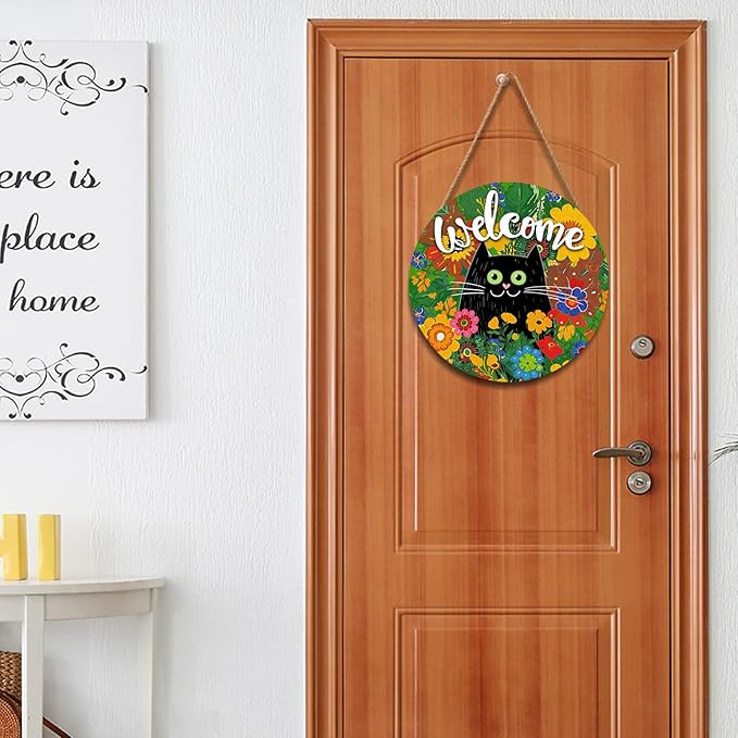 Welcome Spring Summer Black Cat Sign for Front Door Decor Spring Flowers Door Hanger for Outdoor Outside Porch Seasonal Summer Farmhouse Wooden Wreath Colorful Wall Hanging Decoration 12"x12"