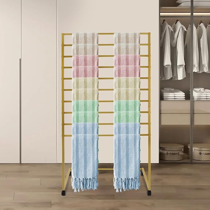 Scarf Organizer, 10-Tier Metal Scarf Display Stand with Wheels, Freestanding Scarf Display Rack, Retail Store Towel Rack, Ties Belt Pants Hanging Rack, for Boutique Display, Home (Gold-10 Rods)