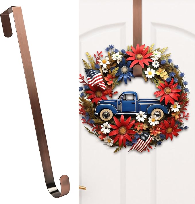 HOOSUN 4th of July Decorations Wreath Hangers for Front Door,14 Inches Metal Wreath Hook Holder for Spring Decor,20 Lbs Over The Door Wreath Hanger for Spring Patriotic Wreath Front Porch Decor