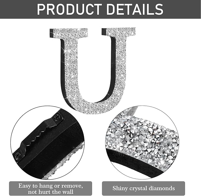 Qunclay 5.7" Silver Crystal Diamond Bling Letters Crushed Diamond Decoration Wooden Glitter Letter with Screw and Hooks Rhinestone Gift for Wedding Y2k Mcbling Bedroom Wall Decor (Letter U)