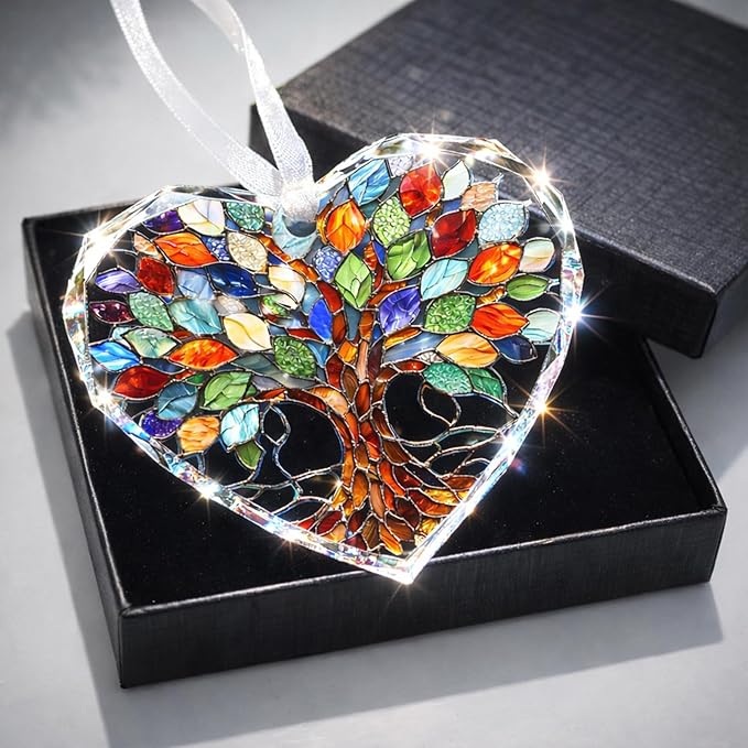 Tree of Life Stained Glass Ornament Christmas Tree Decorations Heart Shape Crystal Ornaments Holiday Presents Idea Car Hanging Ornaments Unique Keepsale for Mom Wife Friend Sister