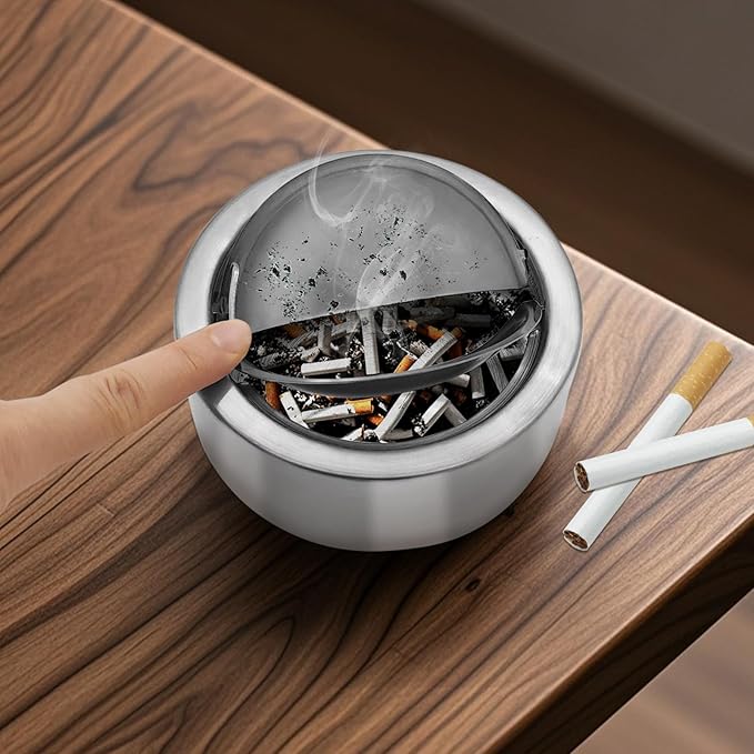 Windproof Ashtray with Lid - Heavy Duty Stainless Steel Ash Tray for Weed and Cigarettes, Smokeless Indoor Outdoor Table Top Cigarette Butt Disposal for Patio Home Office
