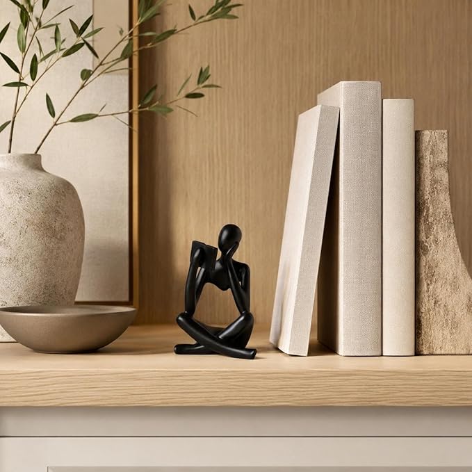 Black Bookshelf Decor Thinker Statue, Abstract Reading Figurine Style B, Resin Decorative Bookend for Coffee Table, Shelf, Home Office, Library