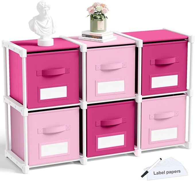 Geelin 6 Pink Cube Storage Organizer with Fabric Bins and Labels, 11 Inch Collapsible Toy Organizer Shelf Storage Bins Dresser Drawer for Girls Bedroom Nursery Playroom Room Decor