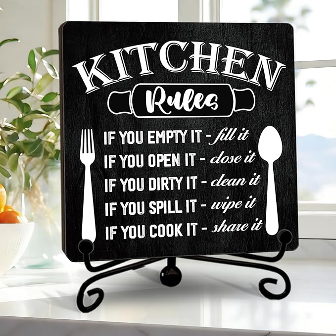 DETIHO Funny Kitchen Decor, Rustic Kitchen Decorations Wood Sign with Iron Stand, Black Wooden Box Sign for Home Dining Room - G05