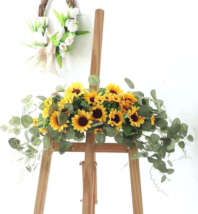 Artificial Sunflower Swag,Handmade Floral Garland Decorative Swag with Green Leaves,Handmade Floral Wreath Decorative Sunflower Wreath,Hanging Arch Garland