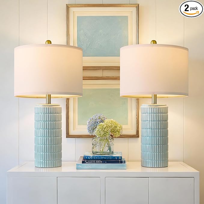 PoKat 23" Light Blue Table Lamps Set of 2, Modern Bedside Lamps for Bedroom, Coastal Ceramic End Table Lamps for Living Room, Ocean Nightstand New Home Decor Lamps