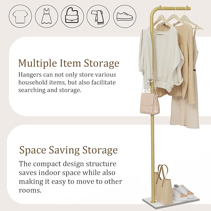 OUTBROS Coat Rack, Portable L-shaped Clothes Rack with Hook, Modern Hanger, Sturdy Freestanding Metal Clothing Rack, Used in Bedroom, Entrance and Living Room, 15.3 x 10.2 x 70.8 inch, Gold