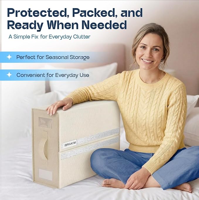 IBRAKIM Bedsheet Organizer Set of 4, Linen Storage Organizer for Closet and Under Bed, Foldable Bedding Organizer for Sheets, Blankets, Comforters, Closet Storage Bins, Beige