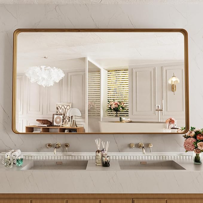 LOAAO 60X28 Inch Bathroom Mirror with Wood Grain Colored Metal Frame, Rounded Rectangle Metal Framed Bathroom Mirror, Anti-Rust, Hangs Horizontally or Vertically, Tempered Glass