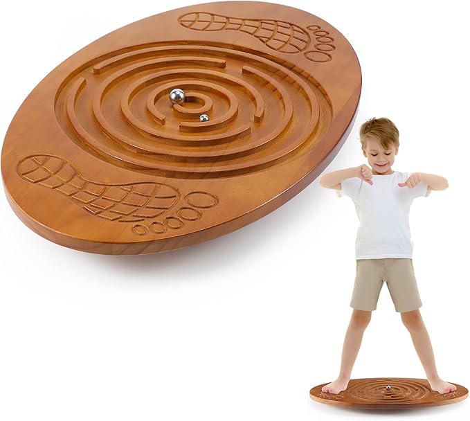 Wooden Balance Board with Maze Wobble Board with 2 Beads Rocker Balance Disk for Leg Workout, Exercise Training, Physical Therapy, Bodyweight Fitness, Skiing, Surfing, Skateboarding