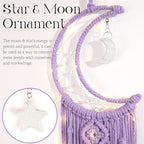 Boho Macrame Woven Wall Hanging for Girl, Crochet Crescent Moon Star Dream Catcher with Light, Purple Cotton Handmade Bohemian Home Decor Decoration for Kids Nursery Bedroom Dorm Room