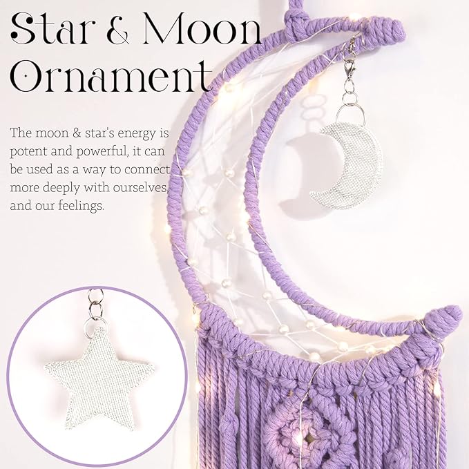 Boho Macrame Woven Wall Hanging for Girl, Crochet Crescent Moon Star Dream Catcher with Light, Purple Cotton Handmade Bohemian Home Decor Decoration for Kids Nursery Bedroom Dorm Room