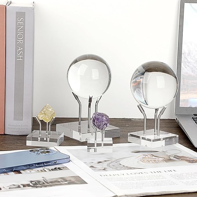 Hipiwe Metal Arm Display Stand Easel with Acrylic Base Decorative Crystal Ball Stand Pedestal for Sphere Mineral Geodes Rock Fossils Seashell, X-Large,Silver
