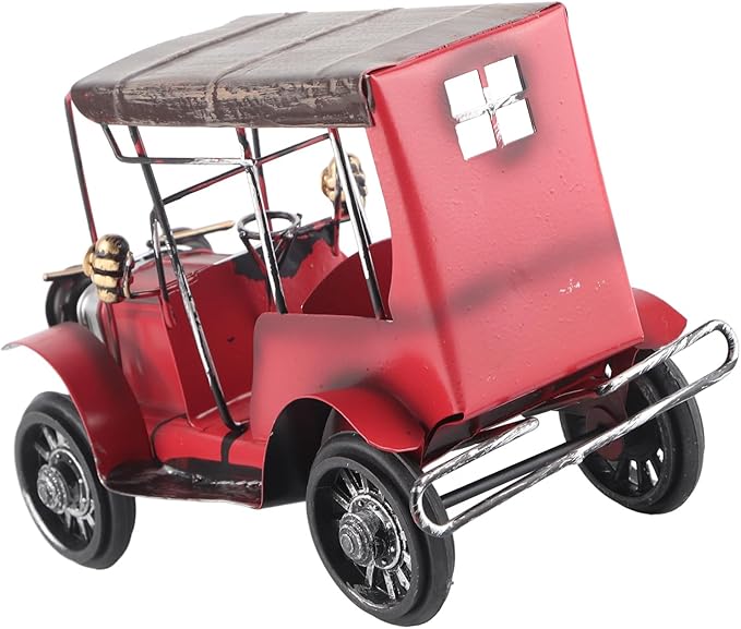 Vintage Classic Car Model Miniature, Old Vintage Car Desktop Decor, Red Tin Alloy Retro Automobile Ornament with Authentic Details for Home Office Bar Cafe Wedding Party