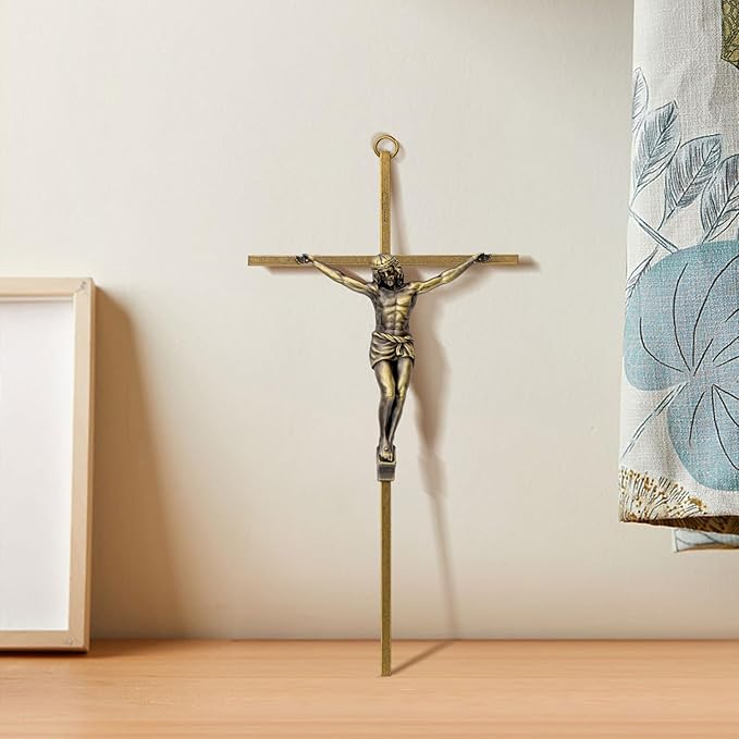KUXBET Crucifix Wall Cross, Metal Vintage Wall Hanging Cross,10inch Antique Brass Jesus Crucifix Home Décor