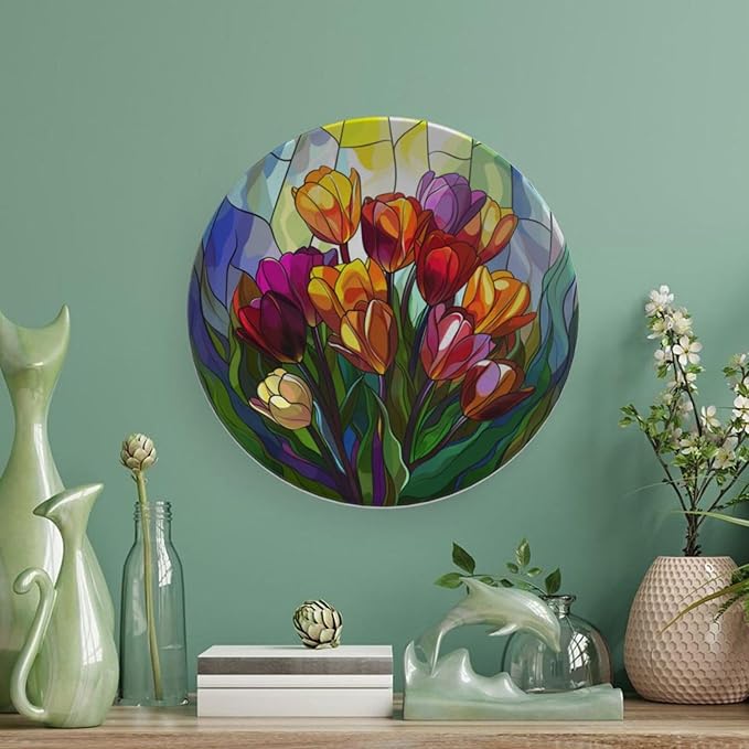 Stained Glass Theme Decorative Ceramic Plate Round Porcelain Plate,7 inch,Tulip Pattern,for Decorative Ornaments Giving Plates, 1 Plate with 1 Display Stand,Multicolor