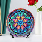 Decorative Plates, Abstract Iridescence Floral Stained Glass Design Display Plate for Home Office Kitchen Table Decor Porcelain Plates 10 Inch, Gifts for Family Friends