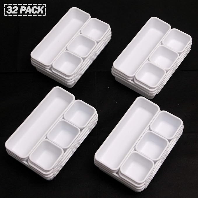 Set of 32 Interlocking Desk Drawer Organizer Tray Dividers Plastic Shallow Narrow Drawers Organizers Separators Storage Bins Container for Kitchen Bathroom Makeup Office Vanity Bedroom Dresser White