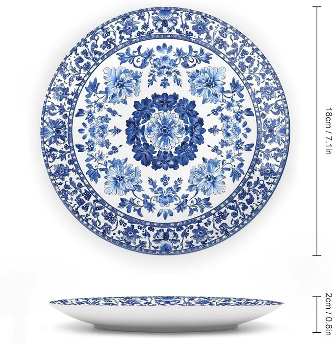 Blue Ceramic Decorative Plate, Chinese Style Decorative Dish with Stand, Blue and White Pottery Bone China Decorative Plates Art Porcelain Plate for Living Room Hallway Table Decor