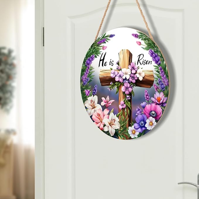 Harooni Easter Cross Sign, 12inch Bright/Vibrant Wooden Wall Mount Rustic Sign with 'He is Risen', Includes Twine, 12x12 inches