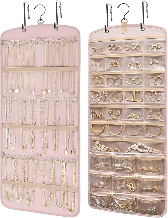 Wome Over the Door Jewelry Organizer Hanging: Double-Sided Storage with 28 Small 2 Large 9 Medium Pockets for Earrings Necklaces Rings Durable Polyester for Door or Closet or Wall or Glass (pink)
