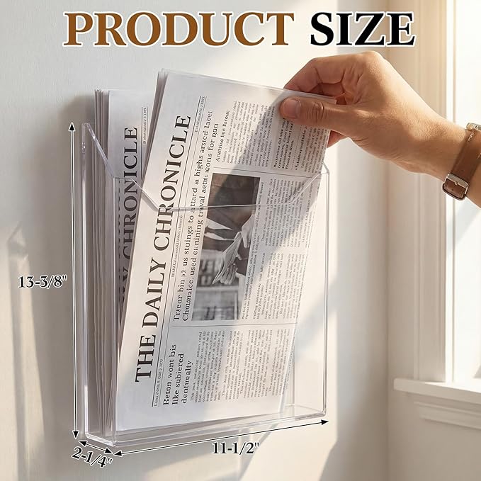 Sliner 2 Pcs Wall-mounted Single Pocket Newspaper Holder Acrylic Brochure Holder Clear Acrylic Display Holders for Home Office Waiting Room Magazine Mail Organizer, 13.38 x 11.50 x 2.24 Inches