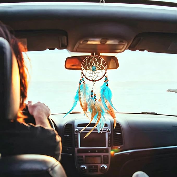 Dream Catchers for Cars Rear View Mirror, Small Feather Dream Catcher Wall Hanging Car Deco Car Charm Ornament (1.1 Blue)