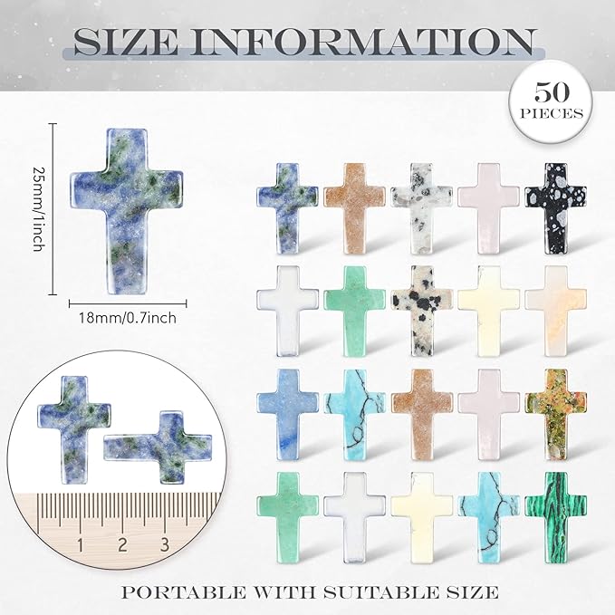 Nuenen 50 Pcs Cross Charm for Women Man Celebration Grad Decor Crystal Pocket Cross Necklace Natural Worry Stone Gift for Jewelry Making Craft Festival Decor(0.71 x 0.98 x 0.24 Inch,Fresh)
