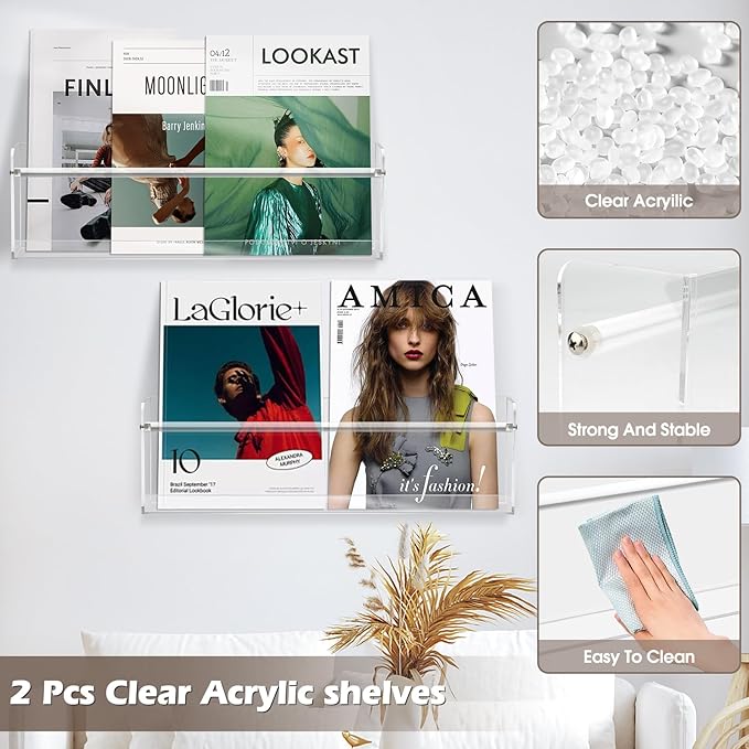 Clear Acrylic Wall Magazine Holder & Brochure Holder, Nursery Book Shelves for School Kids Room Waiting Room Living Room Office Home Display Decor (2 Pack 17 Inch)