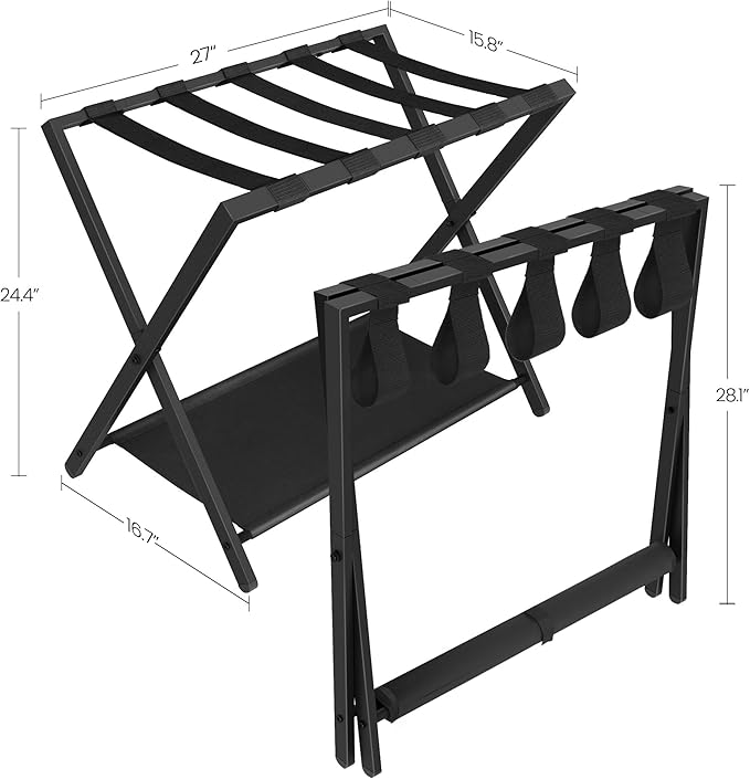 Luggage Rack, Folding Suitcase Stand for Guest, Foldable, Luggage Holders with Shelf, Steel Frame with Nylon Straps for Bedroom, Hotel, Holds up to 154 lb, Black, 2 Pack LR03901B